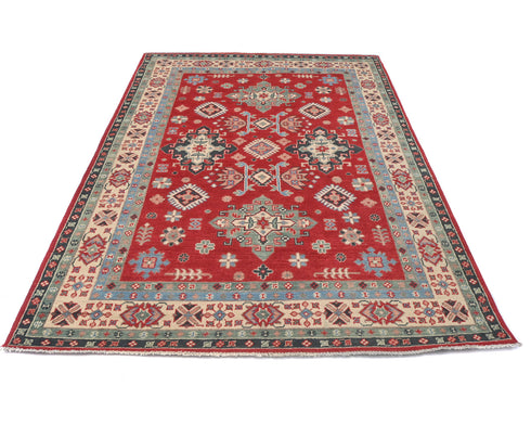 5x7 Red Kuba Afghan Hand Knotted Wool Area Rug